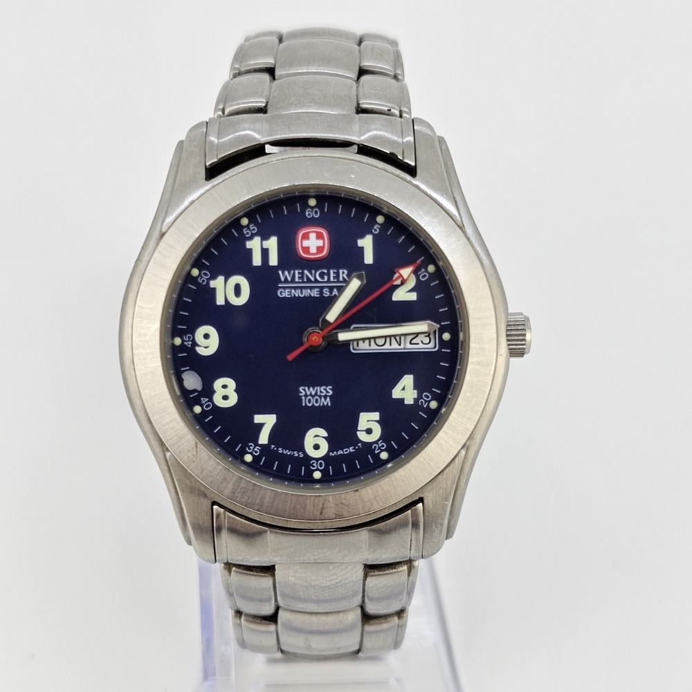 Wenger SKA Watch Men 38MM Blue Dial Day Date Gray Band 6" New Battery READ